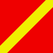 Red square with a single yellow diagonal, indicating an open aerodrome with special precautions for landing